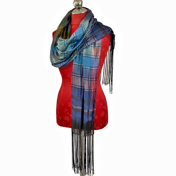 Chico's scarf wrap shawl burnout blue sage sheer long fringe Boho chic elegant - Picture 5 of 8